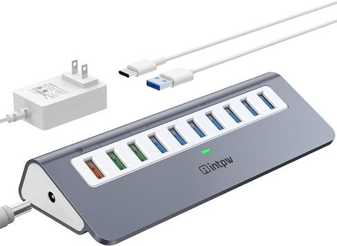 Powered USB Hub 10Gbps, intpw USB Port Hub with 10 Port USB 3.1 Data, 36W Power Adapter, 3.3FT USB-A & USB-C Cables, Aluminum USB Hub for PC, Laptop, Mac, Desktop in Saudi Arabia