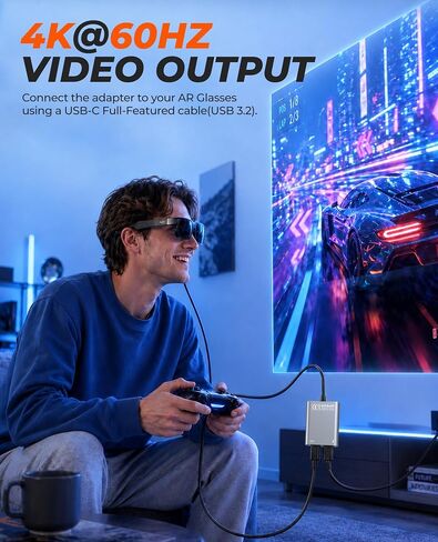USB C to Glasses Charging Adapter, Charge & Play AR Glasses Adapter – 100W PD Charging & 4K@60Hz Output for Switch (Not Switch 2)/Steam Deck/PS5/Mac/iPhone/Laptop/Viture/Rokid/Xreal/RayNeo AR Glasses in Saudi Arabia