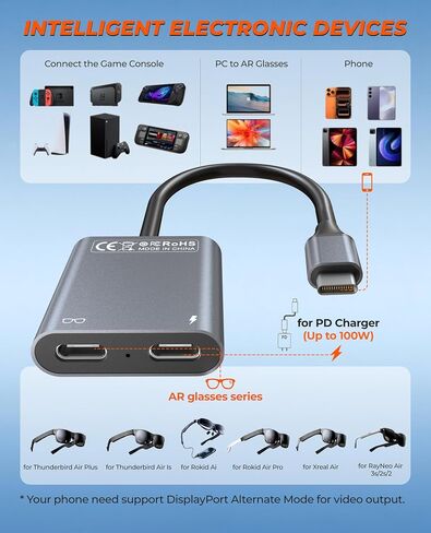 USB C to Glasses Charging Adapter, Charge & Play AR Glasses Adapter – 100W PD Charging & 4K@60Hz Output for Switch (Not Switch 2)/Steam Deck/PS5/Mac/iPhone/Laptop/Viture/Rokid/Xreal/RayNeo AR Glasses in Saudi Arabia
