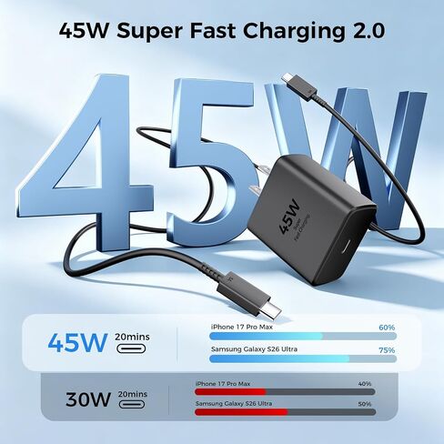 45W USB C Super Fast Charger Type C Charger Fast Charging Android Phone Charger Block with 10FT&6FT Type C Charging Cable for Samsung Galaxy S26 Ultra/S26/S26+/S25/S24/S23/S22/S21+/iPhone 17/16/15 in Saudi Arabia