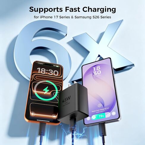 45W USB C Super Fast Charger Type C Charger Fast Charging Android Phone Charger Block with 10FT&6FT Type C Charging Cable for Samsung Galaxy S26 Ultra/S26/S26+/S25/S24/S23/S22/S21+/iPhone 17/16/15 in Saudi Arabia