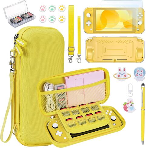 innoAura Switch Lite Case 12-in-1 Accessories Bundle for NS Switch Lite (2019), with Protective Carrying Case, Hand Strap, Screen Protector & Cute Thumb Grips, Black in Saudi Arabia