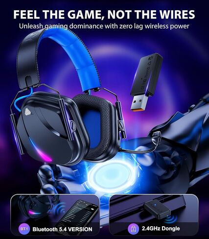 Vakedy HW12 Wireless Gaming Headset for PC, PS5, PS4, Switch, Mac, 2.4GHz Bluetooth Over Ear The Headphones with Noise Cancelling Mic, Stereo Sound, LED Light, 50H Battery Headsets for Gamers in Saudi Arabia