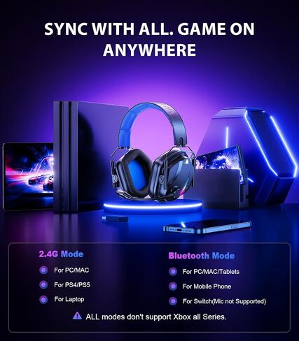 Vakedy HW12 Wireless Gaming Headset for PC, PS5, PS4, Switch, Mac, 2.4GHz Bluetooth Over Ear The Headphones with Noise Cancelling Mic, Stereo Sound, LED Light, 50H Battery Headsets for Gamers in Saudi Arabia