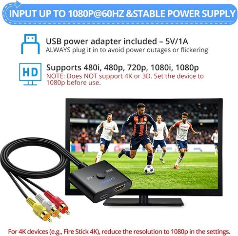 CAMWAY HDMI to RCA Converter for Fire Stick,Roku,Chromecast,Old TV with RCA in Saudi Arabia