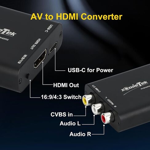 محول zowietek AV/RCA/CVBS إلى HDMI، ألومنيوم ممتاز متين، لا يوجد تأخير للألعاب، التوصيل والتشغيل، مفتاح 4:3/16:9، طاقة من النوع C، متوافق مع Wii، N64، PS، SNES، DVD، VHS، VCR، PC in Saudi Arabia