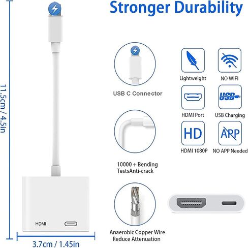 USB C to HDMI Digital AV Adapter for iPhone 16 15,1080P Video & Audio Sync Screen Converter AV Adapter with Charging Port for iPhone 16/16 Plus/16 Pro/16 Pro Max/15/15 Plus,S23,XPS 17,Surface Book 3 in Saudi Arabia