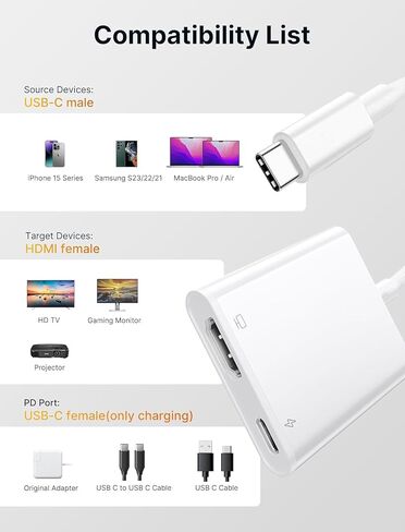 USB C to HDMI Digital AV Adapter for iPhone 16 15,1080P Video & Audio Sync Screen Converter AV Adapter with Charging Port for iPhone 16/16 Plus/16 Pro/16 Pro Max/15/15 Plus,S23,XPS 17,Surface Book 3 in Saudi Arabia