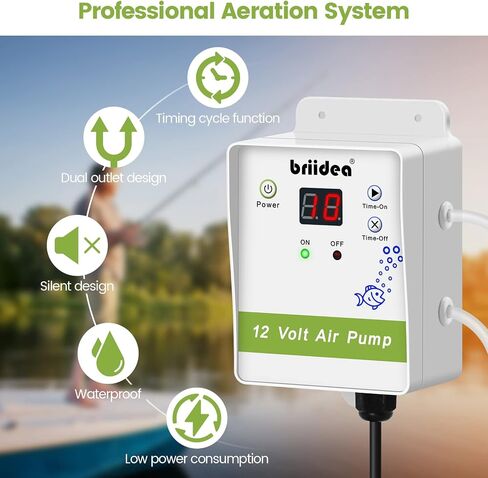 Aerator for Bait Bucket, Briidea 12 Volt Livewell Aerator Pump System with Timing Cycle Function, Dual Outlet, Designed for Use in Fresh and Salt Water to Keep Your Bait Fish Alive in Kuwait