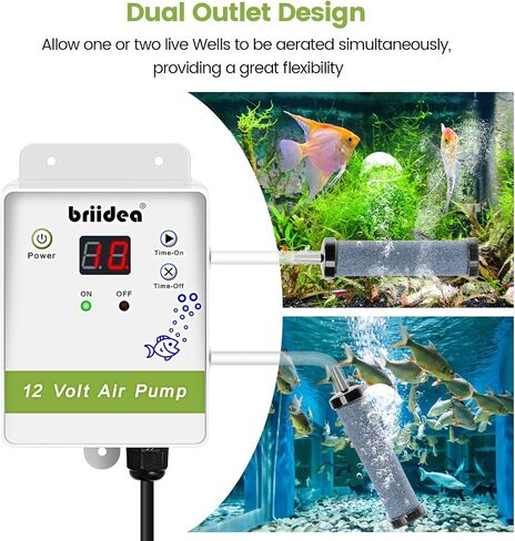Aerator for Bait Bucket, Briidea 12 Volt Livewell Aerator Pump System with Timing Cycle Function, Dual Outlet, Designed for Use in Fresh and Salt Water to Keep Your Bait Fish Alive in Kuwait