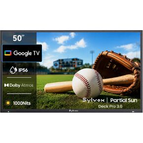 تلفزيون SYLVOX 50 بوصة خارجي، 1000 شمعة في المتر المربع، شمس جزئية، IP56، Deck Pro 3.0 | 4K UHD، HDR10، Dolby Atmos، هيكل معدني كامل، Google TV، مساعد صوتي، Chromecast مدمج، مصمم للفناء والسطح in Saudi Arabia