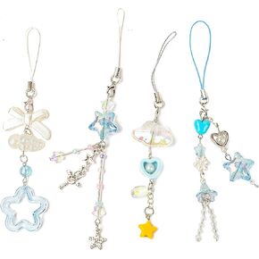 4PCS Phone Charm Y2K Aesthetic Keychain Star Flower Cute Decor String Cellphone Case Chain Pendant Strap Bow Butterfly Crystal Ribbon Bead (Pink) in Kuwait