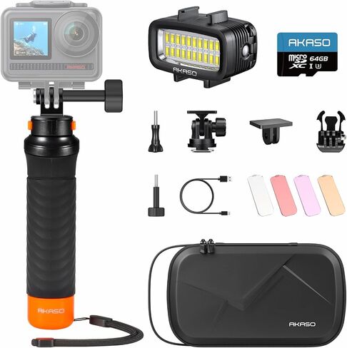 AKASO Underwater Accessory Kit for Action Camera - 64GB MicroSD Card + Waterproof Floating Hand Grip + 131ft (40m) Waterproof Underwater Light + Camera Carrying Case in Saudi Arabia