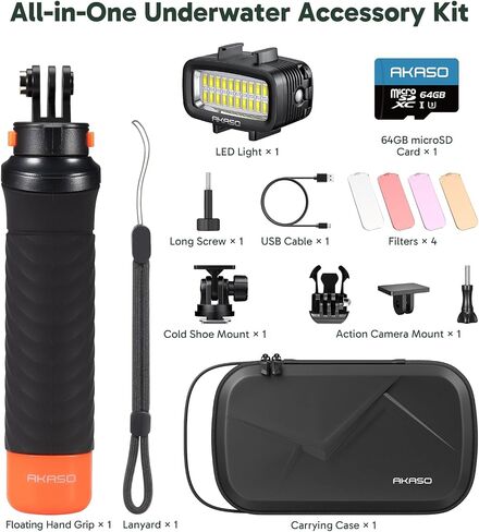 AKASO Underwater Accessory Kit for Action Camera - 64GB MicroSD Card + Waterproof Floating Hand Grip + 131ft (40m) Waterproof Underwater Light + Camera Carrying Case in Saudi Arabia