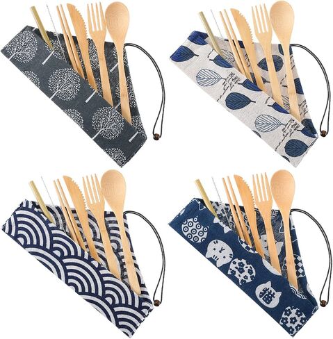 4 Sets Bamboo Utensil Travel Cutlery Set, Reusable Bamboo Utensil Fork Knife Spoon Chopsticks Straw Cleaning Brush for Eating Travel Picnic Office School (Vintage Style) in Saudi Arabia