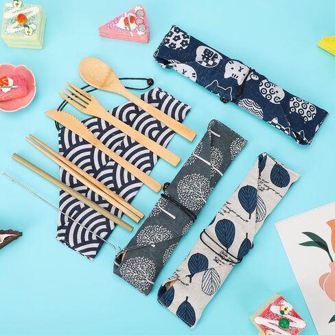 4 Sets Bamboo Utensil Travel Cutlery Set, Reusable Bamboo Utensil Fork Knife Spoon Chopsticks Straw Cleaning Brush for Eating Travel Picnic Office School (Vintage Style) in Saudi Arabia