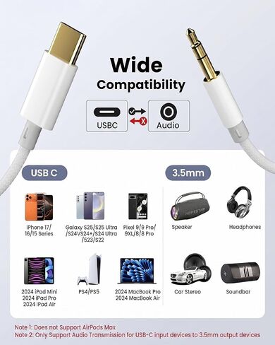 USB C to 3.5mm Audio Cable (2-Pack, 4ft), Type C to Aux Car Stereo Cord with Hi-Fi DAC Chip, Compatible with iPhone 17/16/15, Samsung Galaxy S25 S24 S23 S22 S21 Ultra, Pixel 9/8/XL, iPad, Note 20/10 in Saudi Arabia
