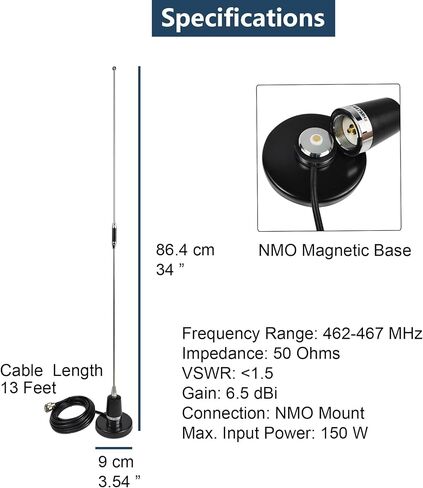 GMRS NMO Antenna 462-467Mhz UHF Mobile Whip Antenna with Magnetic Base 13ft RG58 Cable PL-259 SMA Female Connector Max Power 150W Boost Signal Output in Saudi Arabia