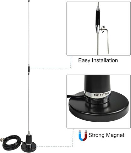 GMRS NMO Antenna 462-467Mhz UHF Mobile Whip Antenna with Magnetic Base 13ft RG58 Cable PL-259 SMA Female Connector Max Power 150W Boost Signal Output in Saudi Arabia