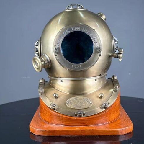 Vintage Brass Divers Helmet Nautical Maritime Deep Sea Diving Helmet Replica with Wooden Base Collectible Marine Decor for Office, Study, and Home in Saudi Arabia