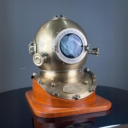 Vintage Brass Divers Helmet Nautical Maritime Deep Sea Diving Helmet Replica with Wooden Base Collectible Marine Decor for Office, Study, and Home in Saudi Arabia