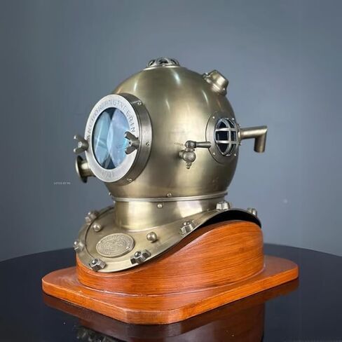 Vintage Brass Divers Helmet Nautical Maritime Deep Sea Diving Helmet Replica with Wooden Base Collectible Marine Decor for Office, Study, and Home in Saudi Arabia