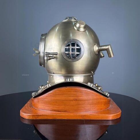 Vintage Brass Divers Helmet Nautical Maritime Deep Sea Diving Helmet Replica with Wooden Base Collectible Marine Decor for Office, Study, and Home in Saudi Arabia