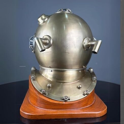 Vintage Brass Divers Helmet Nautical Maritime Deep Sea Diving Helmet Replica with Wooden Base Collectible Marine Decor for Office, Study, and Home in Saudi Arabia