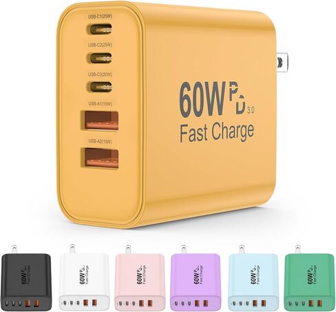 كتلة شاحن USB C، كتل شحن 60 وات 5 في 1، شاحن سريع PD 3.0، QC 2A مقبس حائط أسود متعدد المنافذ من النوع C لآيفون 17 16 15 14 13 12 Pro Max، iPad، iPod، Samsung، AirPods Pro in Saudi Arabia