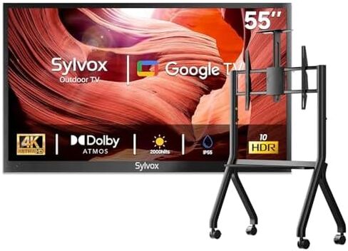 SYLVOX Outdoor TV with Rolling Stand, 55 inch 2000 Nit Full Sun Smart TVs, Sunlight Readable, IP56 Waterproof, 4K TV for Outdoor Households or Commercial Places in Saudi Arabia