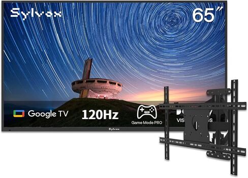 تلفزيون SYLVOX خارجي مع حامل وغطاء على الحائط، تلفزيونات ذكية 65 بوصة 120 هرتز 4K، مقاوم للطقس وIP55 مقاوم للماء، متوافق مع Google & Dolby Atmos، HDMI 2.1 وUSB 3.0، 1000 شمعة في المتر المربع خارج التلفزيون للألعاب in Saudi Arabia