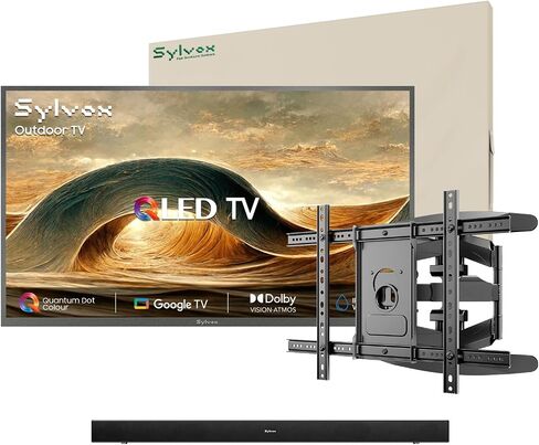 تلفزيون SYLVOX خارجي مع شريط صوت وغطاء وحامل على الحائط، تلفزيونات ذكية 65 بوصة 4K UHD QLED، مقاومة للطقس، مقاومة للماء IP56، شمس جزئية 1000 شمعة في المتر المربع، تدعم مساعد Google، زاوية عرض واسعة (موديل 2024) in Saudi Arabia