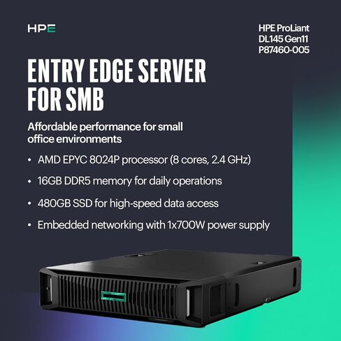 Hewlett Packard Enterprise ProLiant DL145 Gen11 Rack Server w/one AMD EPYC 8024P Processor, 2.4GHz 8c 1P 1x16GB-R 2SFF 1x480GB SSD NC BCM5719 1x700W PS (HPE Smart Choice P87460-005) in Saudi Arabia
