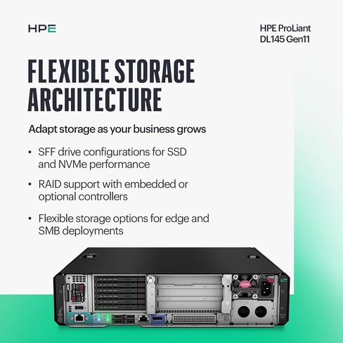 Hewlett Packard Enterprise ProLiant DL145 Gen11 Rack Server w/one AMD EPYC 8024P Processor, 2.4GHz 8c 1P 1x16GB-R 2SFF 1x480GB SSD NC BCM5719 1x700W PS (HPE Smart Choice P87460-005) in Saudi Arabia