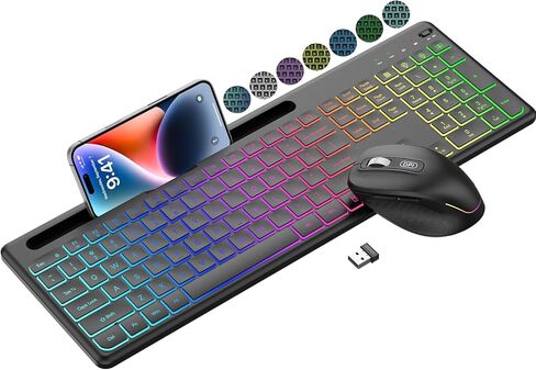 Wireless Keyboard and Mouse Combo with 10 Colored Backlits, Phone Holder in Saudi Arabia