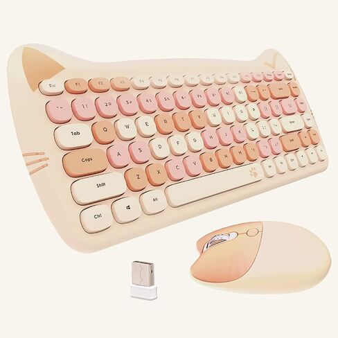 Cute Cat 2.4G USB Wireless Keyboard and Mouse Combo, Silent Keys, Candy Colors, Compatible with Notebook, PC (Pink-84Keys) in Kuwait