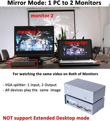 DTECH 2 Way Powered VGA Splitter Amplifier Box عالي الدقة 1080p SVGA فيديو 1 في 2 خارج 250 ميجا هرتز لجهاز كمبيوتر واحد إلى جهاز كمبيوتر مزدوج الشاشة in Saudi Arabia