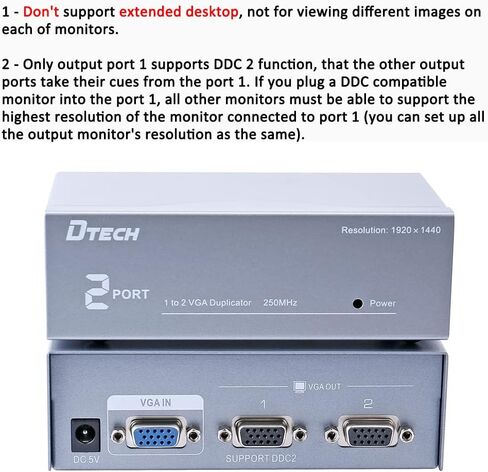 DTECH 2 Way Powered VGA Splitter Amplifier Box عالي الدقة 1080p SVGA فيديو 1 في 2 خارج 250 ميجا هرتز لجهاز كمبيوتر واحد إلى جهاز كمبيوتر مزدوج الشاشة in Saudi Arabia
