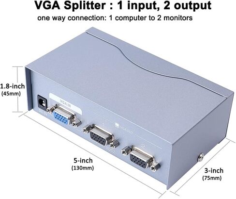 DTECH 2 Way Powered VGA Splitter Amplifier Box عالي الدقة 1080p SVGA فيديو 1 في 2 خارج 250 ميجا هرتز لجهاز كمبيوتر واحد إلى جهاز كمبيوتر مزدوج الشاشة in Saudi Arabia