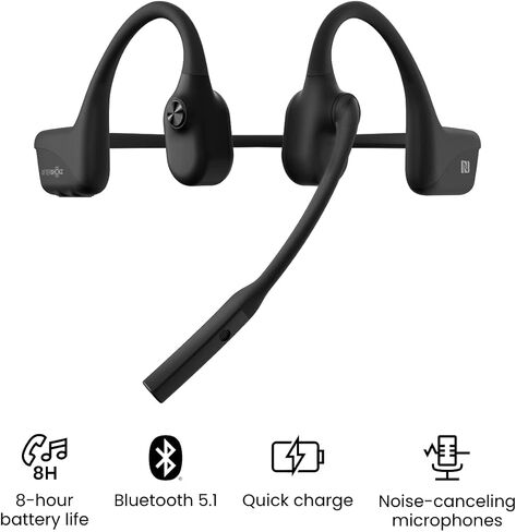 Aftershokz OpenComm (Rebranded as Shokz OpenComm) Wireless Stereo Bone Conduction Bluetooth Headset with Noise-Canceling Boom Microphone for Office Home Business Trucker Drivers Commercial Use, Black in Saudi Arabia