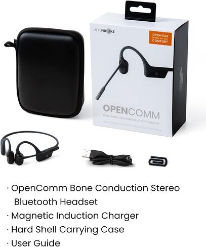 Aftershokz OpenComm (Rebranded as Shokz OpenComm) Wireless Stereo Bone Conduction Bluetooth Headset with Noise-Canceling Boom Microphone for Office Home Business Trucker Drivers Commercial Use, Black in Saudi Arabia