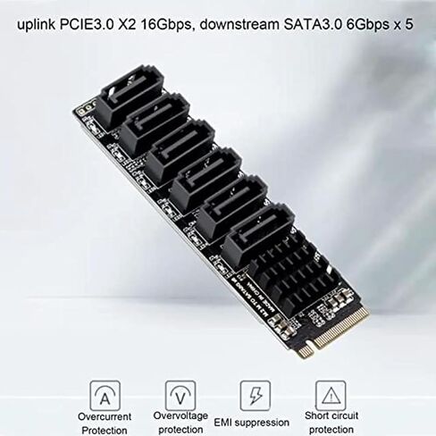 بطاقة توسيع M.2 إلى SATA 5 منافذ بسرعة 6 جيجابت في الثانية، محول PCIe 3.0 x2 بسرعة 16 جيجابت في الثانية مع شريحة تحكم متقدمة، مشتت حراري من الألومنيوم، مؤشر LED ذكي، التوصيل والتشغيل، متوافق مع نظام التشغيل Windows Linux in Saudi Arabia