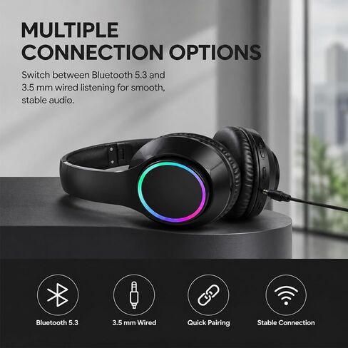 سماعات رأس بلوتوث، سماعات رأس لاسلكية فوق الأذن، ضوء RGB، سماعة رأس خفيفة الوزن قابلة للطي مع ميكروفون، سماعات رأس لاسلكية للهاتف الخلوي، الموسيقى، الألعاب، المدرسة، المكتب المنزلي in Saudi Arabia