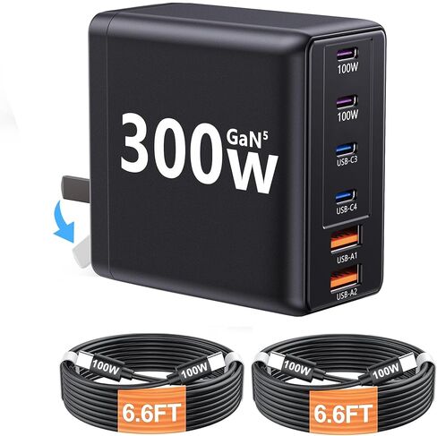 شاحن لاب توب USB C بقدرة 300 واط مع 2 كابلات USB 6 منافذ مزدوجة 100 واط in Saudi Arabia