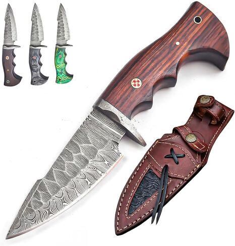 Handmade Damascus Steel Hunting Knife with Leather Sheath - 10" Fixed Blade Tactical Knife for Men - Ergonomic Rosewood Handle with Comfortable Grip, Ideal for Hunting, Skinning, Camping & Outdoor Survival - Ultimate Gift for Men in Saudi Arabia