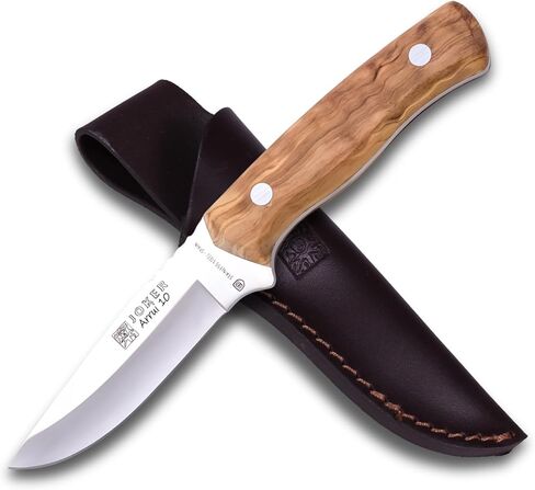 Joker Arrui Outdoor Knife - Full Tang Fixed Blade for Bushcraft and Hunting - 420 Stainless Steel & Olive Wood Handle - Includes Leather Sheath - Made in Spain (4.7") in Saudi Arabia