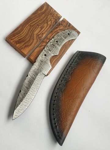 9" Damascus Steel Outdoor Hunter knife, Blank blade, DIY, Knife making tools, Camping, Survival, EDC, Best Gift, complete Knife Making Kit (Blade, wood Scale & Leather Sheath) (Dx) in Saudi Arabia