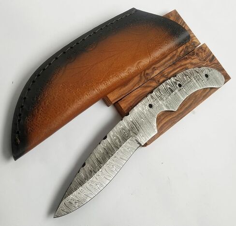 9" Damascus Steel Outdoor Hunter knife, Blank blade, DIY, Knife making tools, Camping, Survival, EDC, Best Gift, complete Knife Making Kit (Blade, wood Scale & Leather Sheath) (Dx) in Saudi Arabia