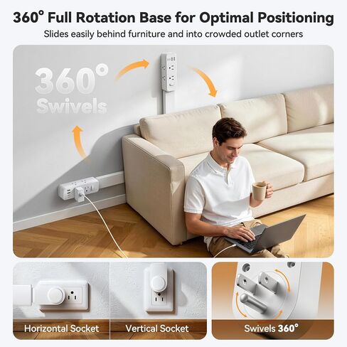 Outlet Extender Stick, 360° Rotating Wall Outlet Expander with 22-35" Extendable Base, 10-in-1 Power Strip Stick with 6 AC Outlets, 4 USB Ports (2 USB-C), Flat Plug for Behind Couch, Home, Office in Saudi Arabia