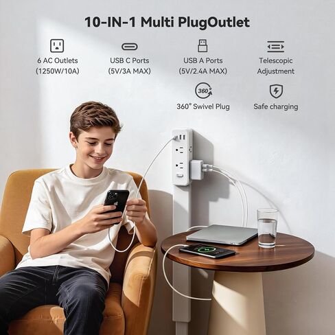 Outlet Extender Stick, 360° Rotating Wall Outlet Expander with 22-35" Extendable Base, 10-in-1 Power Strip Stick with 6 AC Outlets, 4 USB Ports (2 USB-C), Flat Plug for Behind Couch, Home, Office in Saudi Arabia